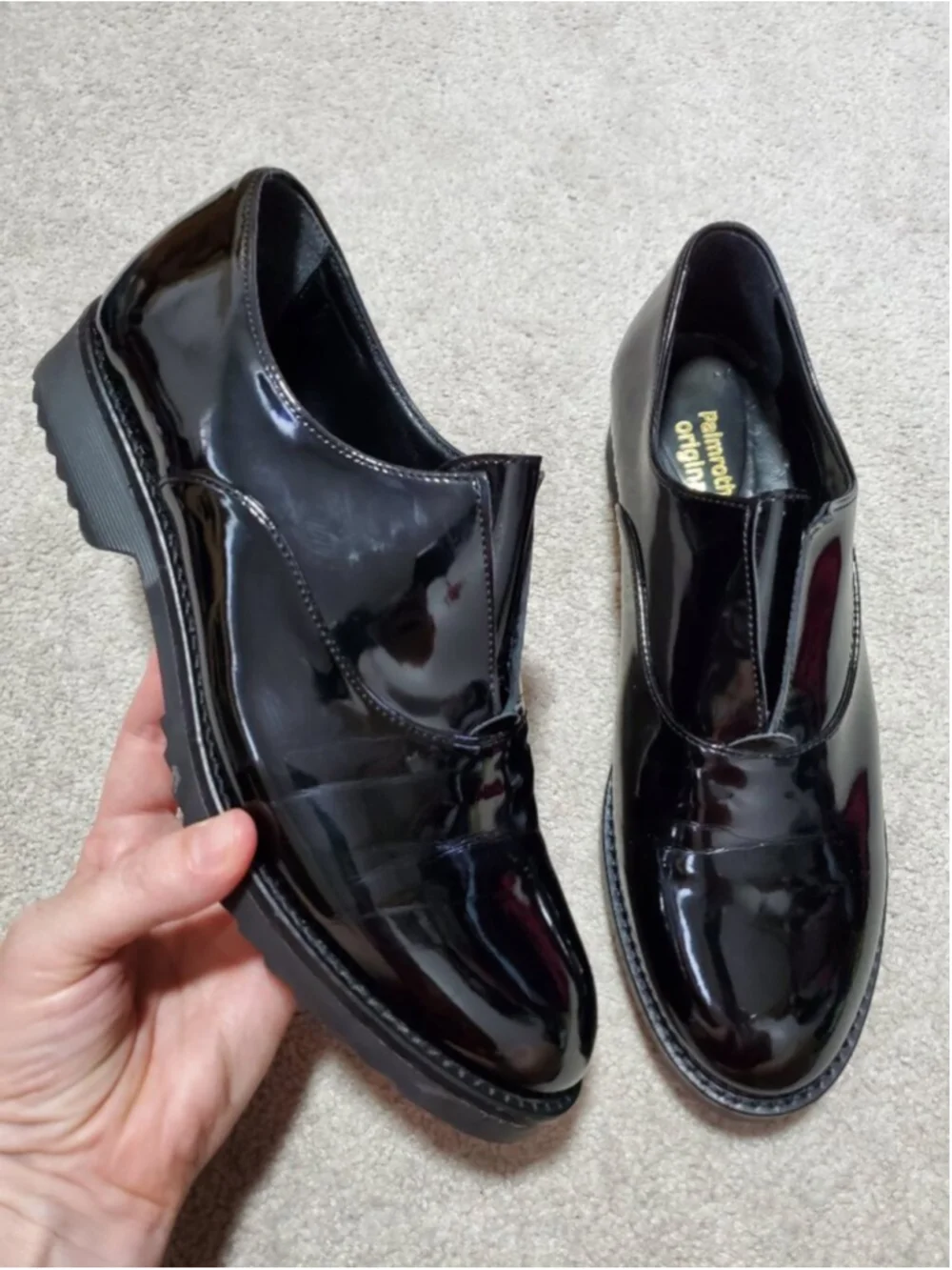 PALMROTH ORIGINAL Patent Leather Loafers Oxfords Black Sz 9.5 Slip-On Lug Sole